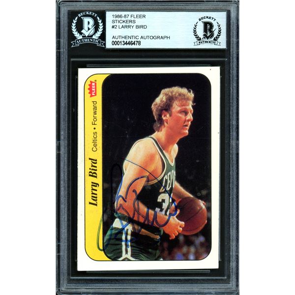 1986-87 FLEER STICKERS LARRY BIRD SIGNED TRADING CARD - BECKETT ENCAPSULATED