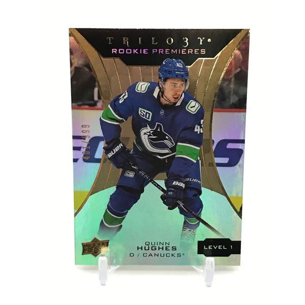 2019-20 UPPER DECK TRILOGY HOCKEY QUINN HUGHES ROOKIE PREMIERES TRADING CARD 401/999