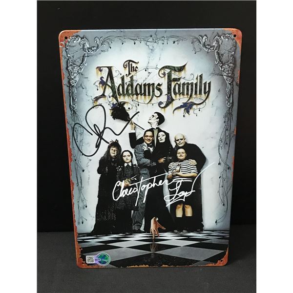 CHRISTINA RICCI AND CHRISTOPHER LLOYD DUAL SIGNED ADDAMS FAMILY TIN SIGN