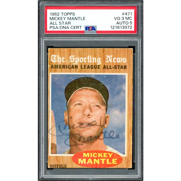 1962 TOPPS MICKEY MANTLE ALL STAR SIGNED TRADING CARD - PSA ENCAPSULATED 3/5