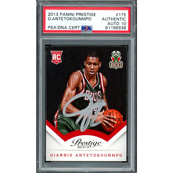 2013 PANINI PRESTIGE GIANNIS ANTETOKOUNMPO SIGNED ROOKIE TRADING CARD - PSA ENCAPSULATED GRADE 10
