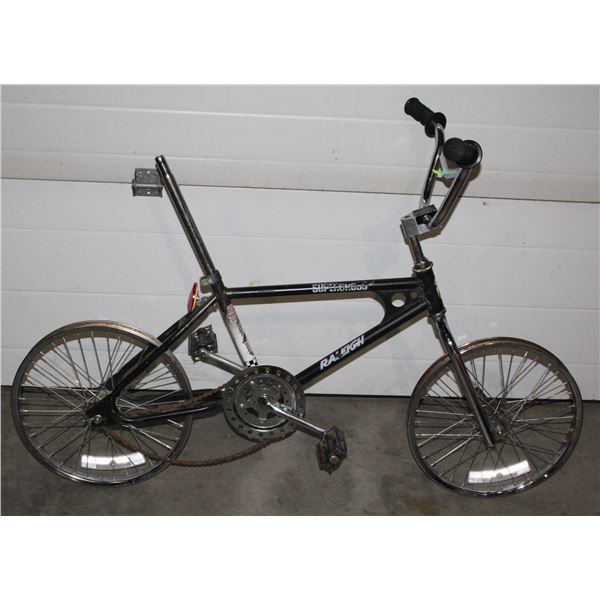 VINTAGE RALEIGH BMX BICYCLE, NO SEAT OR TIRES.