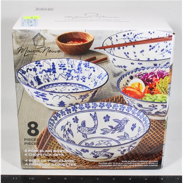8PC 4 PORCELAIN BOWL 4 CHOPSTICK SETS