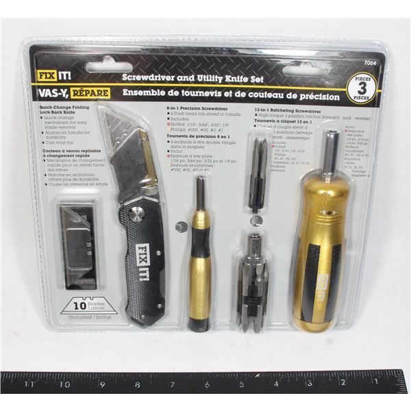 NEW FIXIT! SCREWDRIVER AND UTILITY KNIFE SET 3PCS