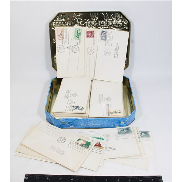 1960s POSTAGE ENVELOPES / RUSSELL STOVER DECOR TIN