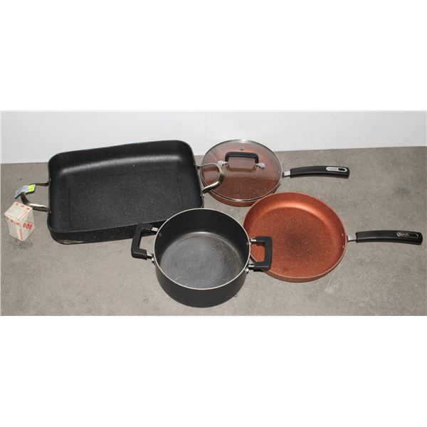 POT WITH GLASS LID, BAKING PAN, TWO COOKING PANS