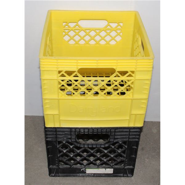 TWO DAIRYLAND MILK CRATES BLACK/YELLOW