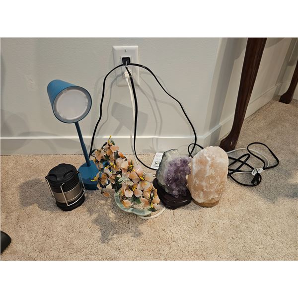 Amethyst Geode, Salt Lamp & Jade Bonsai A