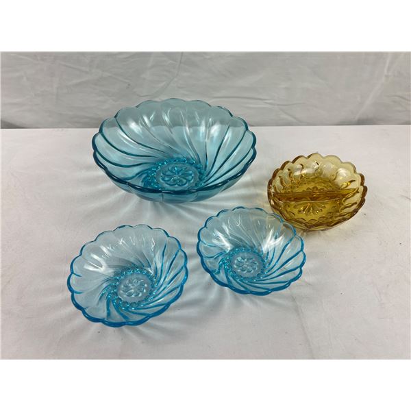 Hazel Atlas Capri Blue Bowls and Anchor Hocking Fairfield Amber Relish Dish
