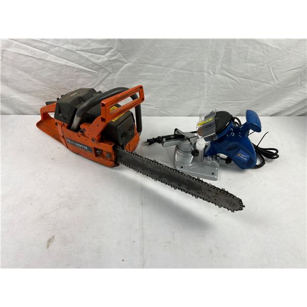 Husqvarna 55 Rancher Chain Saw with Power Fist Electric Chain Saw Sharpener