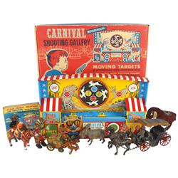 Toys, Carnival Shooting Gallery, cast metal horse-drawn carriage, Davy Crockett stagecoach, windup B
