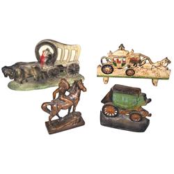 Western metalware items (4), Charles Hestor bronze-type Indian on horse, cast iron carriage electric