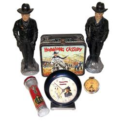 Hopalong Cassidy items (6), 2 chalkware figures, 13.5"H, flashlight by Topper Toys, US Time alarm cl