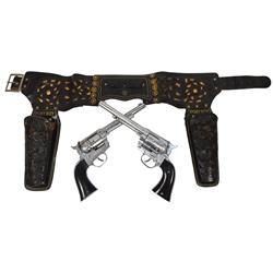 Toy cap guns & holsters, Paladin black leather double holster w/matching unmarked guns & Pony Boy to