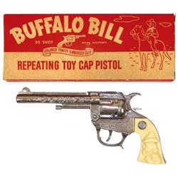 Toy cap guns in boxes (2), J.& E. Stevens Co. Buffalo Bill repeating toy cap pistol, NOS in orig box