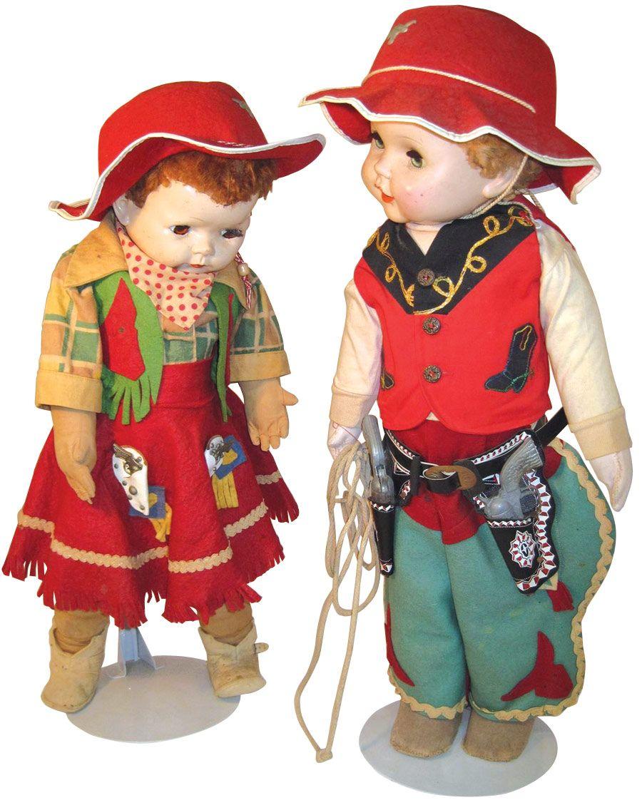 Cowboy Cowgirl Dolls Worig Outfits Accessories Made In Usa C1950s 25 27h Both In Good - 