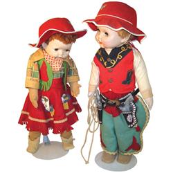 Cowboy & cowgirl dolls w/orig outfits & accessories, made in USA, c.1950's, 25" & 27"H, both in Good