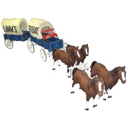 Horse-drawn covered wagon display, includes 4 cast alum horses & 2 covered wooden wagons, ea horse i