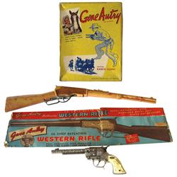 Gene Autry lot of 3: includes Flying A Ranch 50 Shot repeating rifle in orig box, 26.5"L, rifle in E