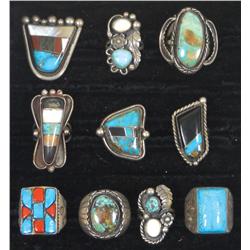 Jewelry, (10) rings w/turquoise, onyx & mother-of-pearl stones, all different styles & sizes, a grea