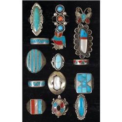 Jewelry, (15) rings w/turquoise, onyx & mother-of-pearl stones, all different styles & sizes, a grea