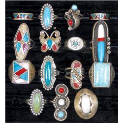 Jewelry, (15) rings w/turquoise, onyx & mother-of-pearl stones, all different styles & sizes, a grea