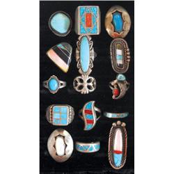 Jewelry, (15) rings w/turquoise, onyx & mother-of-pearl stones, all different styles & sizes, a grea