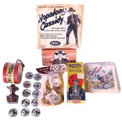 Hopalong Cassidy lot, pr of spurs in orig box, 11 Hoppy metal conchos, bust bank, photo book, pencil