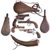 Image 1 : Western gambling gun & flask lot of 8, includes large powder flask, leather flask, powder horn, anim