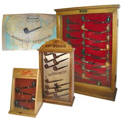 Pipe store displays (4), Kaywoodie case w/12 pipes, 22"H x 12"W & Bryson case w/4 pipes, 14.5"H x 9.