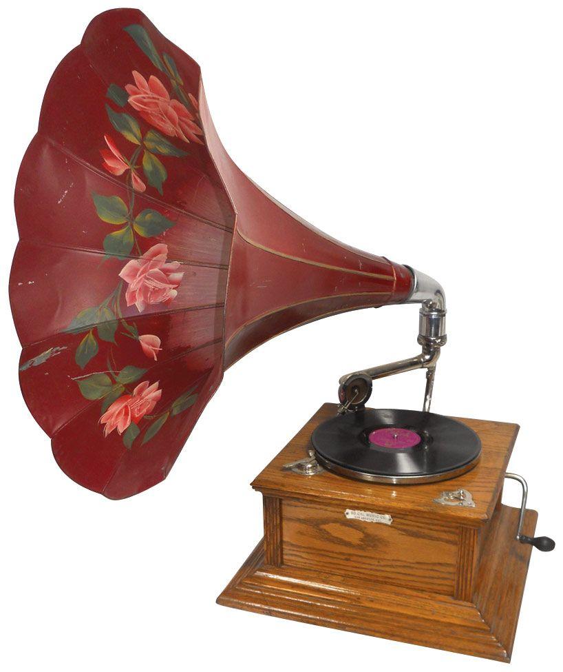 Victrola w/metal morning glory horn, orig metal tag reads "So. Cal