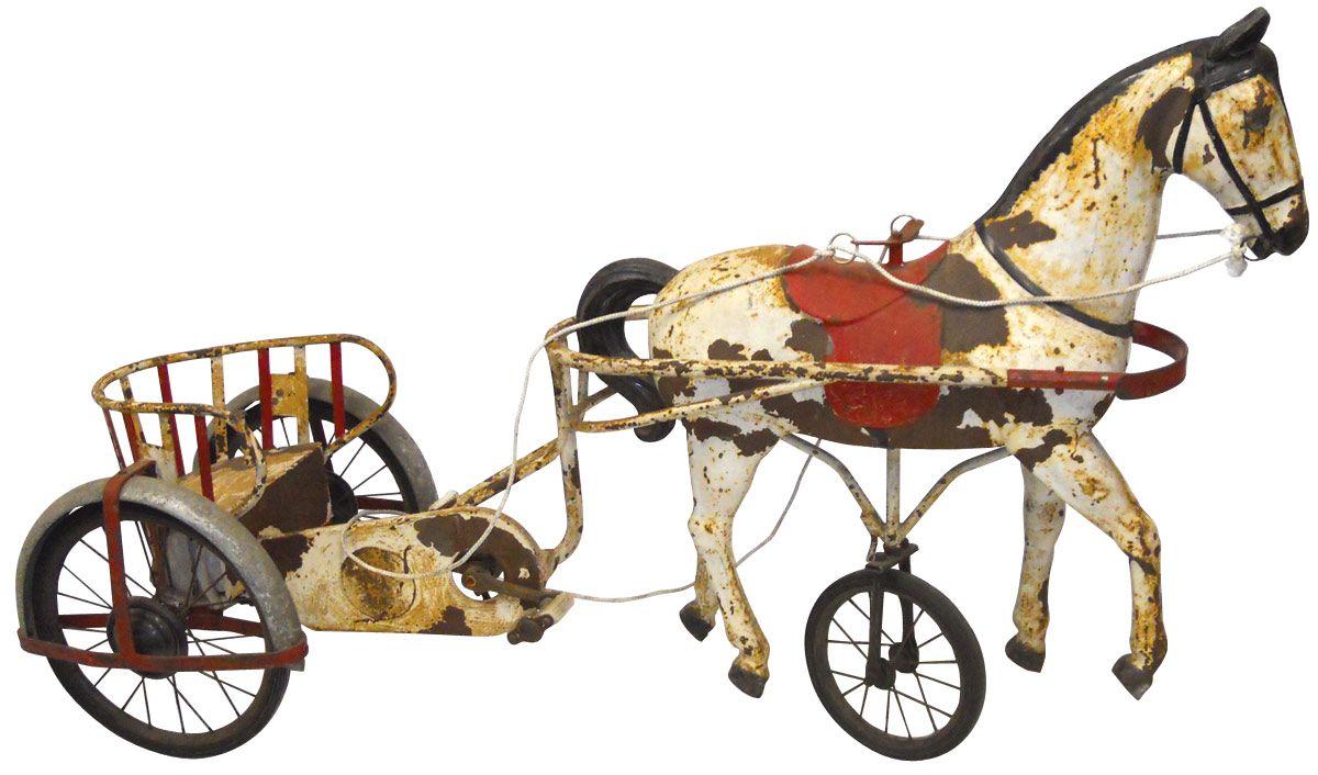 Toy pedal horse w/cart, VG orig cond, 35"H x 54"L.