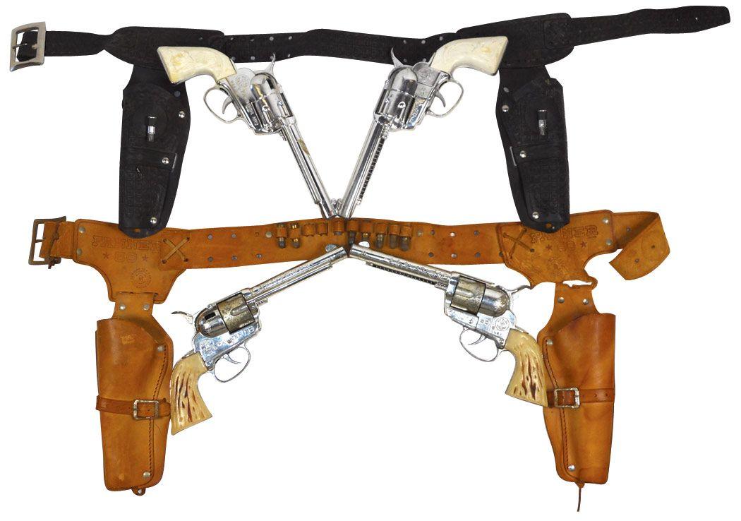 Toy cap guns & holsters (2 sets), Mattel Fanner cap guns w/double