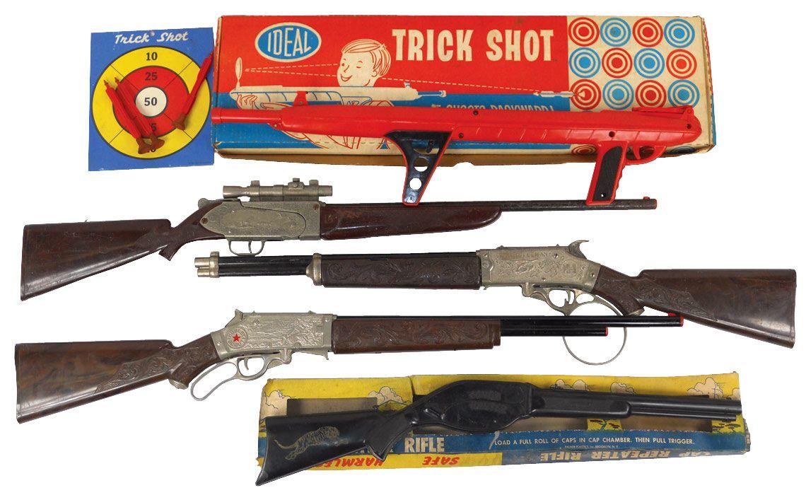 Toy cap guns (5), Trick Shot by Ideal in box, Hubley Scout Rifle, Cap