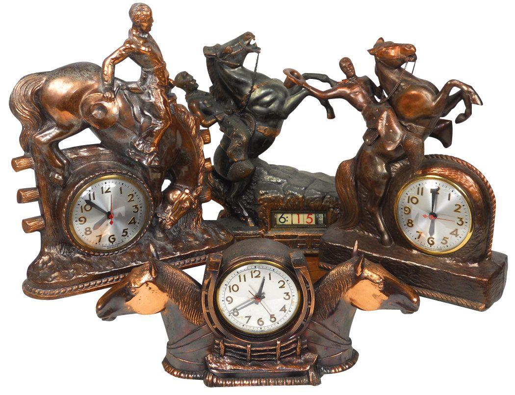 Western clocks (4), Sessions rearing horse w/cowboy, Abbotwares clock w