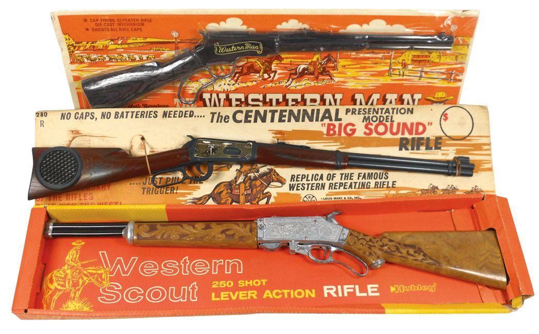 Toy rifles (3), Marx Centennial Big Sound Rifle, Hubley Western Scout