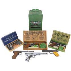 Toy guns (7), Sharpshooter 1926, Benjamin Target Pistol in box, Benjamin CO2 Gas Pistol in box, Bull