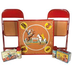 Roy Rogers child's metal card table w/2 chairs & (2) Roy Rogers lunchboxes w/thermos, all in Good & 