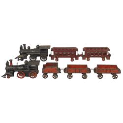Toy train sets (2), both cast iron, Reiss, D. Pat. Mar 14, 82 cast on bottom of several pcs, cow cat