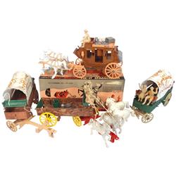 Roy Rogers Fix-It Stagecoach, NOS in box (missing door), horse-drawn wagon & 2 Roy Rogers Chuck Wago