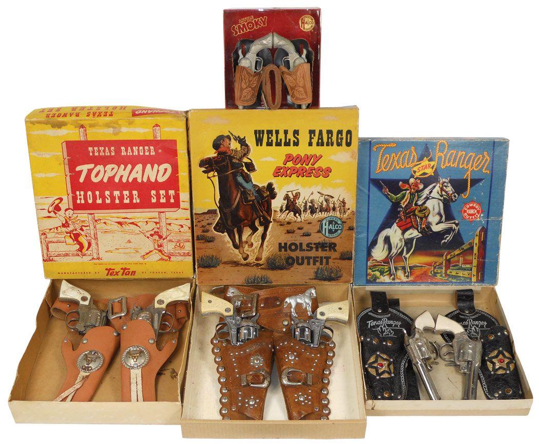 Toy cap guns & holsters in boxes, Texas Ranger black leather double