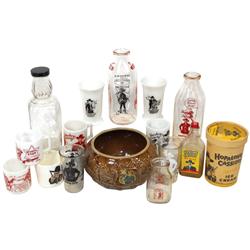 Hopalong Cassidy items, includes Hoppy milk bottles from Dairylea, Northland & Milville, hair traine