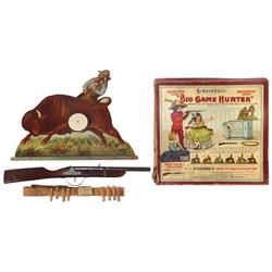 Toy Schoenhut's Big Game Hunter, c.1915 game box w/ buffalo, target & hunter, tin & wood gun & bulle