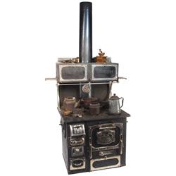 Salesman's Sample or child's stove & cookware (11 pcs.), Majestic cook stove, cast iron