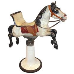 Child's barber chair w/wooden horse seat, horse has glass eyes & orig paint, swivels on porcelain & 