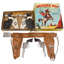 Toy cap gun & holster sets (2), Western Boy double holster (missing red bullets) w/2 Hubley Western 