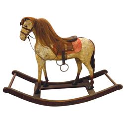 Child's rocking horse, dapple gray w/leather saddle & fabric cover, VG cond w/old paint, 36"H x 45"L