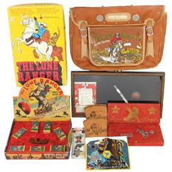 Lone Ranger items (13), includes movie viewer w/films by Cherrio in box, binoculars, 2 pencil boxes,