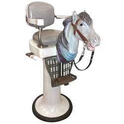 Child's barber chair w/wooden horse head, Theo. A. Koch's Co, Chicago, white porcelain w/orig grey l