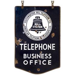 Bell System porcelain 2-sided hanging sign, c.1930's, Good orig cond w/smaller losses, 40"H x 27"W.
